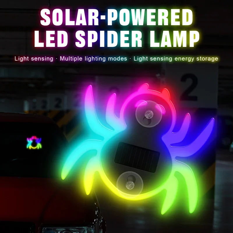 New Solar Spider LED Car Neon Light Vibration Light Sensor Type‑C Charging Suction Cup Auto Window Decoration Ambient Lamp