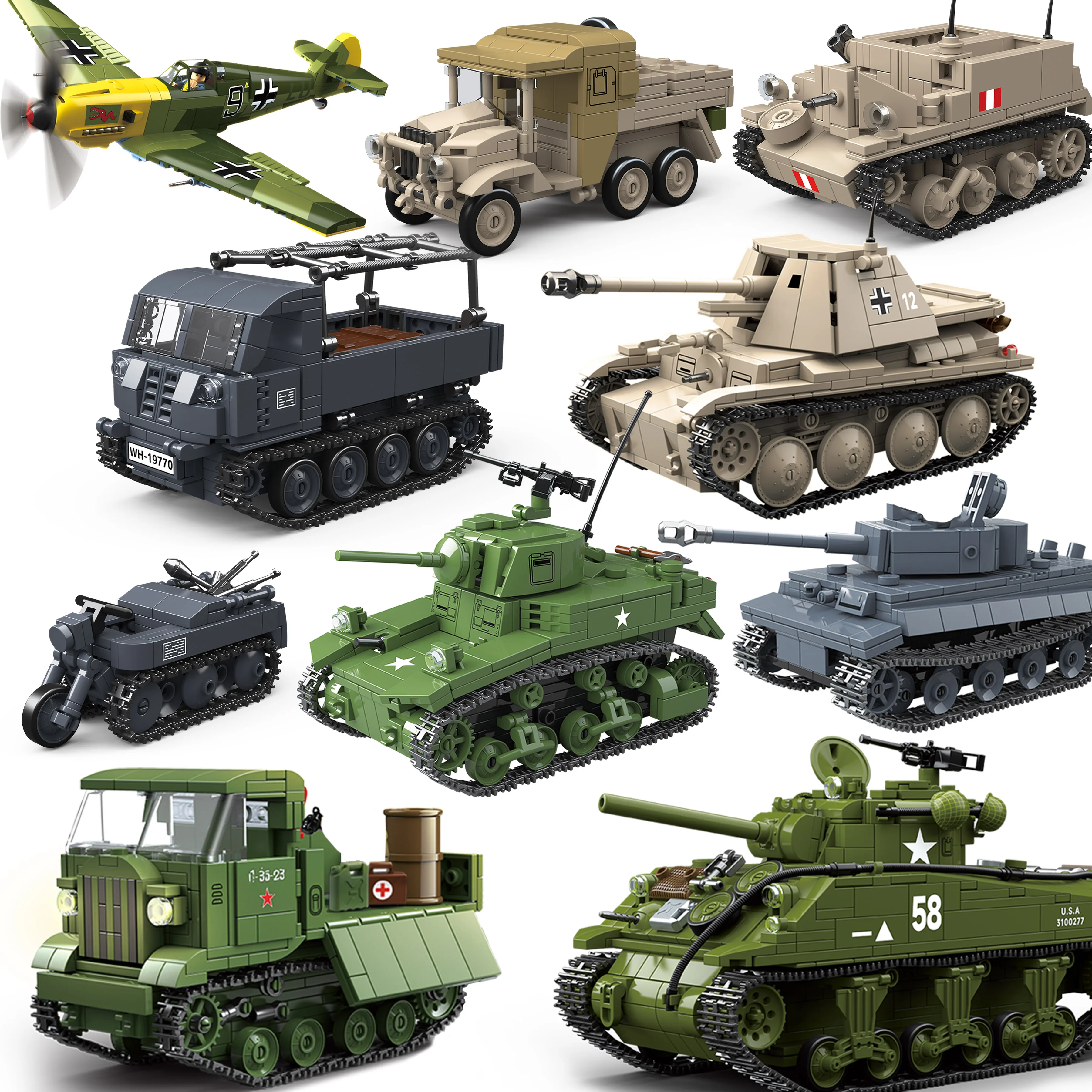 

Military Tanks Tiger PanzerVI Sherman T34 US Army Quan Guan WW2 War Soldier Figure Model Building Block Brick kid Children Toys