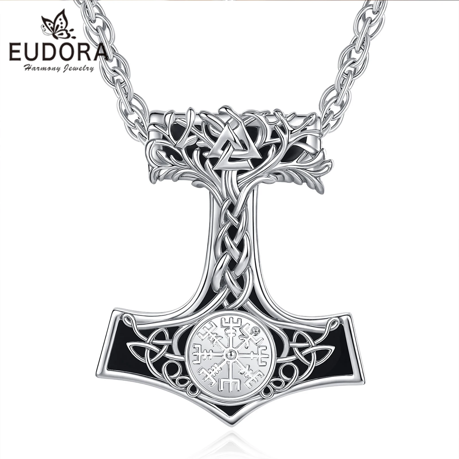 Eudora Obsidian Mjolnir Thors Hammer Necklace Viking Compass Yggdrasil Pendant Tree of Life Jewelry Party Gift for Men Women
