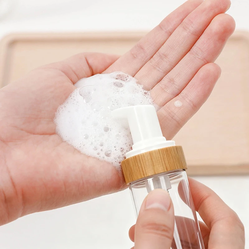 150 ml Reise-Pumpflasche aus Bambusschaum, leerer Gesichtsreiniger, Kosmetikflasche, Shampoo, Seifenspender, nachfüllbar, Händedesinfektionsmittel, schäumend