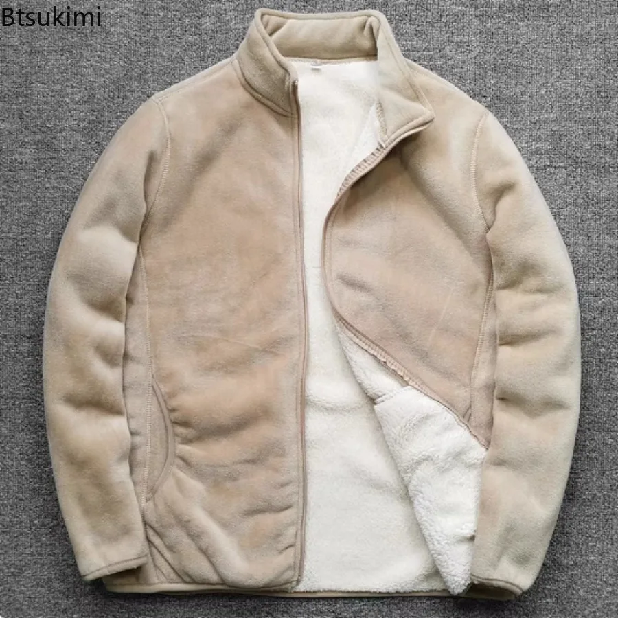 Autumn Winter Thick Lamb Fleece Jackets Men's Polar Fleece Stand Up Collar Warm Jacketcoat Fashion Solid Casual Winter Jacket