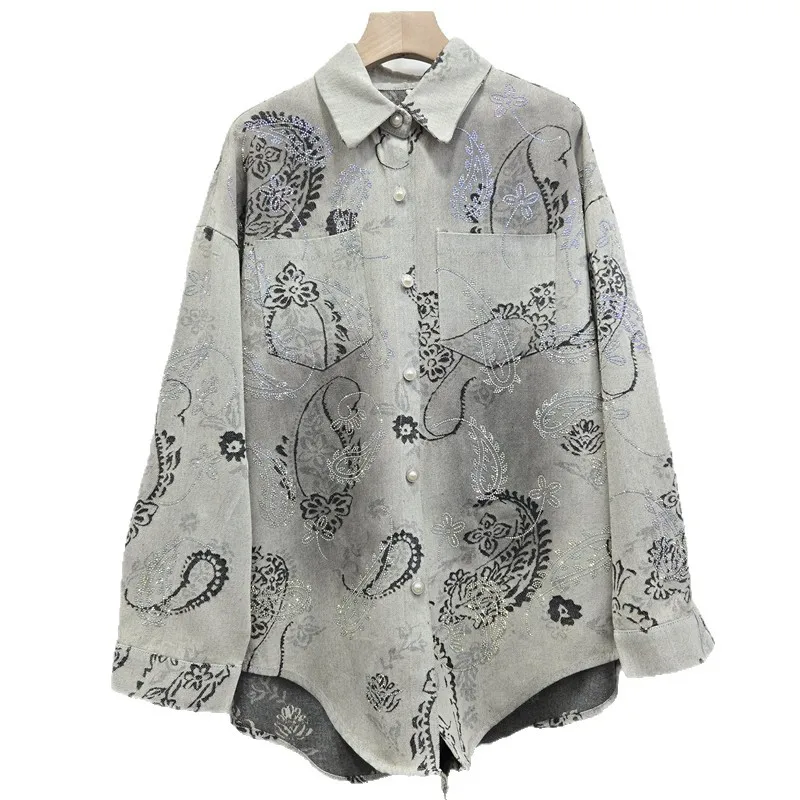 ANJY 2026 Spring Autumn New Women Fashion Diamonds Embroidered Denim Shirt Jacket Ins Loose Versatile Chic Streetwear Top A18749