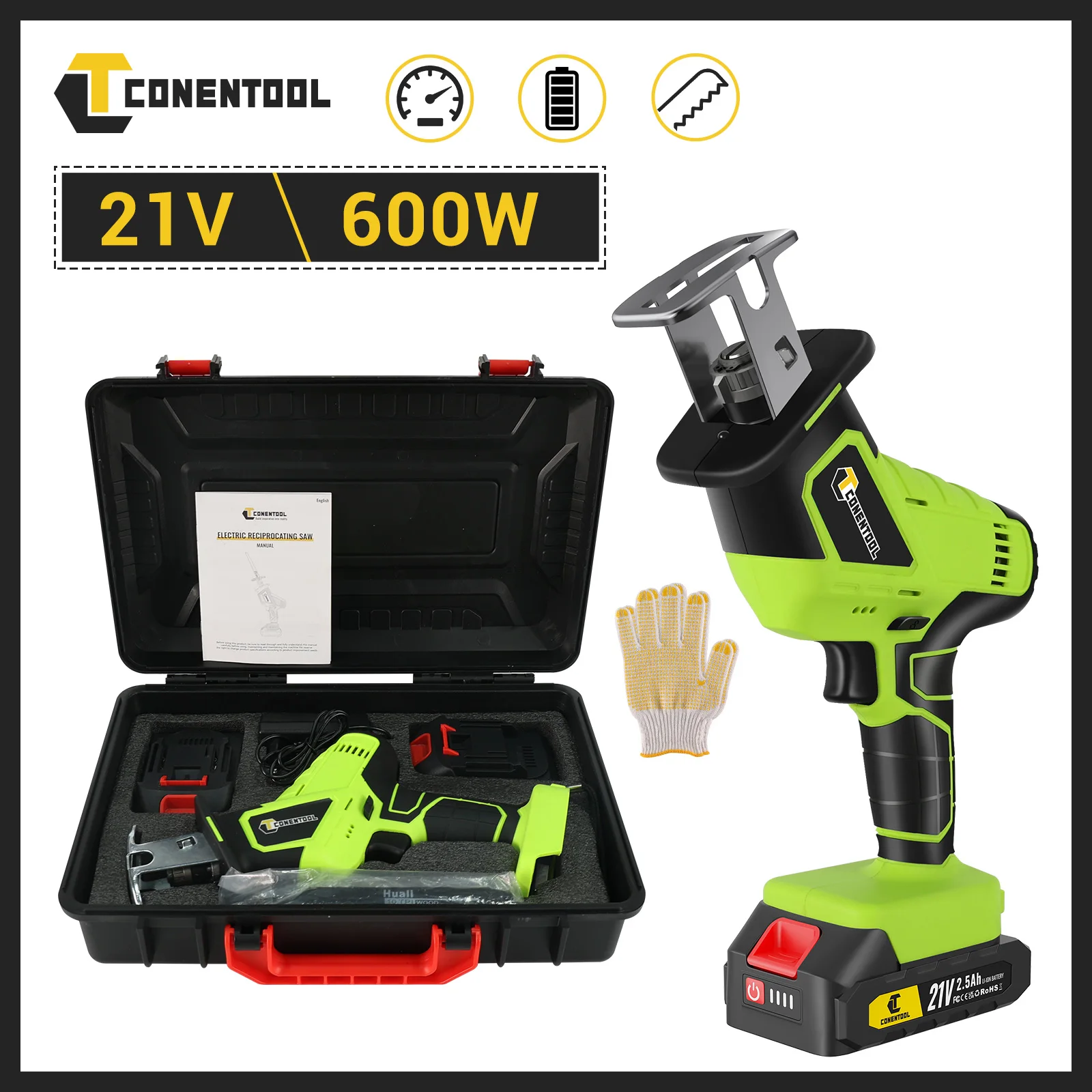 CONENTOOL 21V Cordless Reciprocating Saw, Variable Speed Electric Saw for Metal & Wood with Batteries & 6 Saw Blades