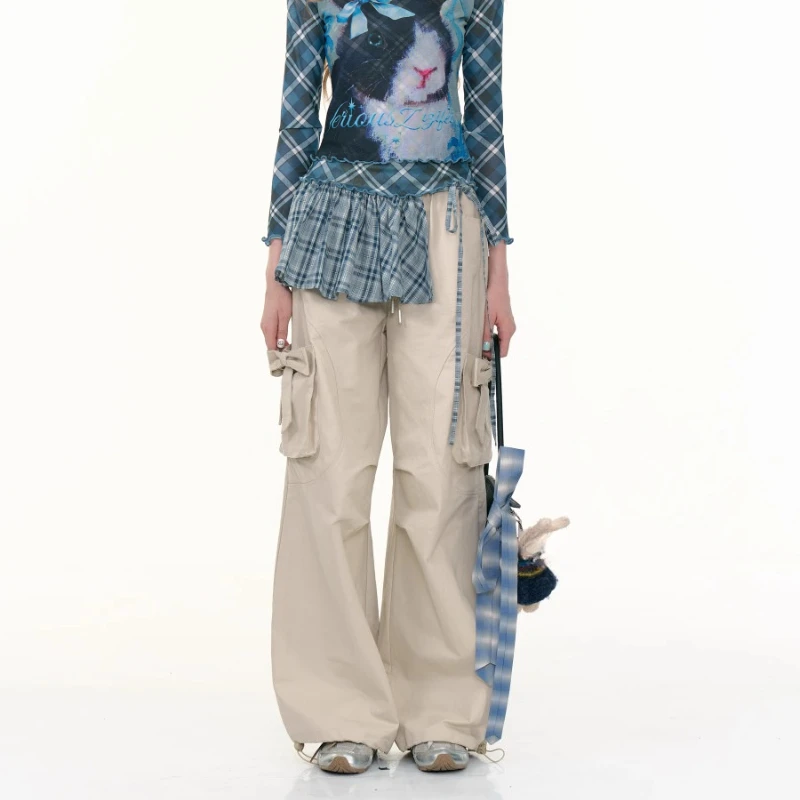 الأمريكية الرجعية عالية الخصر التخسيس مستقيم الساق المرأة واسعة الساق السراويل الخريف جديد القوس الكاكي ملابس العمل بناطيل كاجوال السيدات #3