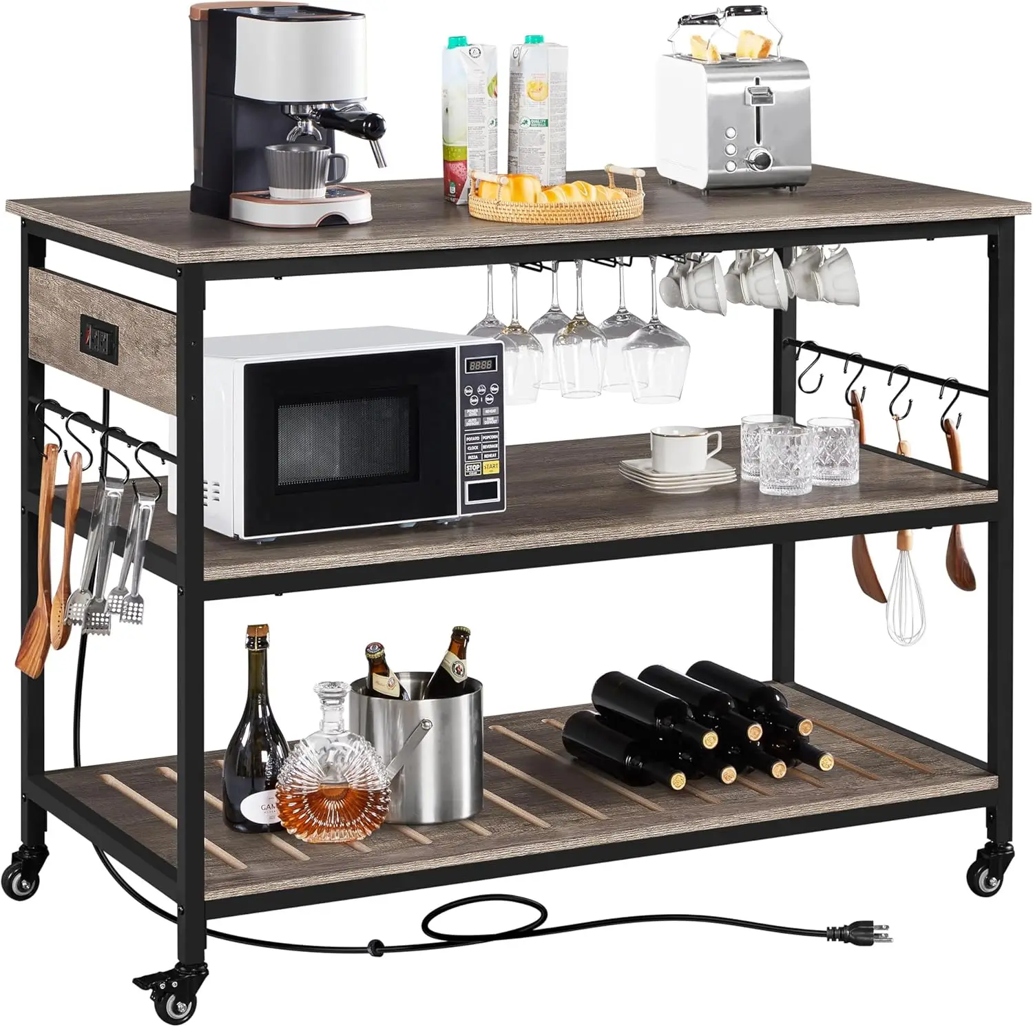 Kitchen Cart with Power Outlet, Rolling Kitchen Island on Wheels with Glass Holder & Hooks, Utility Trolley Cart Coffe