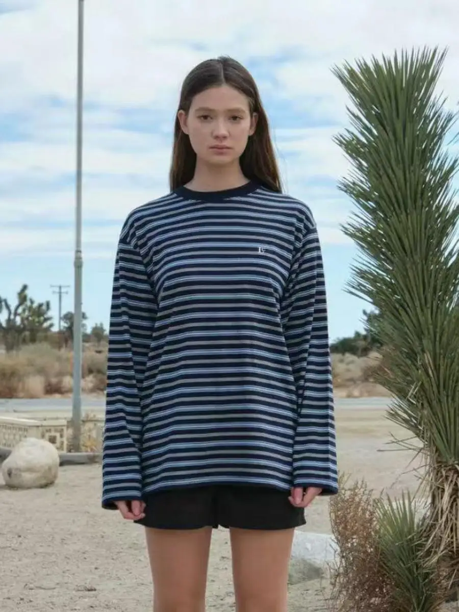 

Женская футболка с длинным рукавом в полоску, свободного кроя, с эффектом похудения, в стиле колор-блок, с круглым вырезом, парная модель, из смесового хлопка и полиэстера, весенняя коллекция