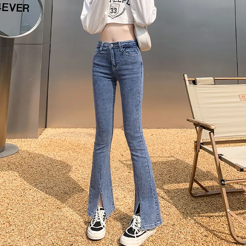 

Расклешенные джинсы с высокой талией, женские повседневные длинные брюки, джинсовые узкие джинсы с разрезом спереди, утягивающие высокие эластичные синие джинсы