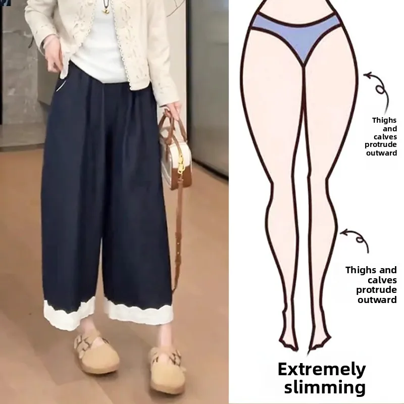 

Летние новые женские джинсы больших размеров с кружевными вставками, свободные широкие брюки с высокой талией, укороченные, повседневные, прямые, стройнящие