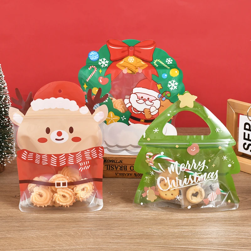 10pcs Christmas Candy Bag Xmas Tree Deer Santa Claus Shape Chocolate Cookie Nougat Biscuit Packaging Zipper Bag Merry Xmas Decor