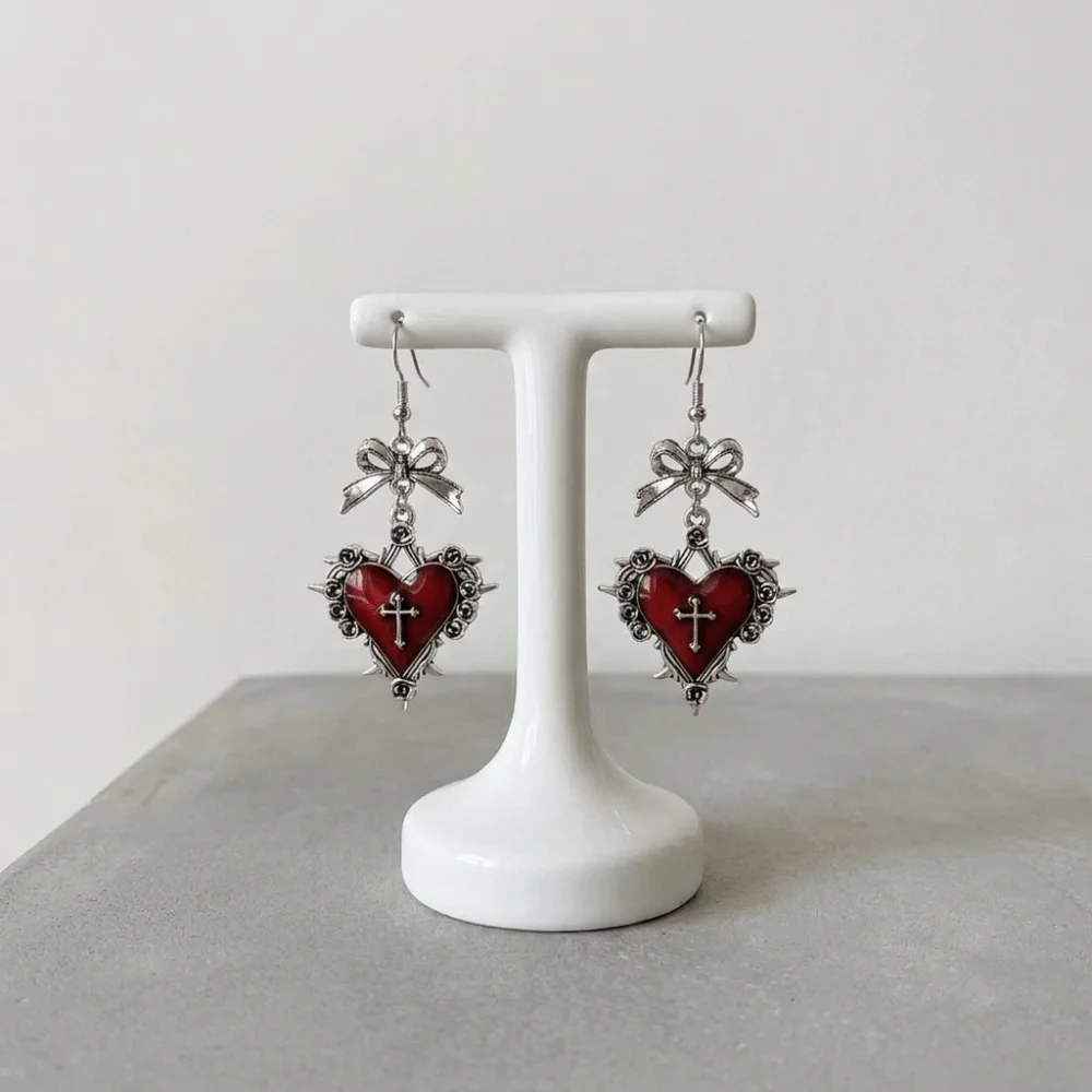 Red Enamel Thorn Rose Drop Earrings Silver Bow Heart Cross Earrings Multi Color Exquisite Halloween Dangle Earrings
