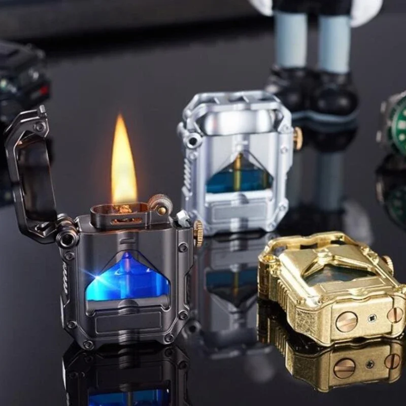 

Светодиодная металлическая зажигалка с синим светом, пресс в один клик, чтобы выдвинуть зажигание, декомпрессионные аксессуары для сигарет, мужской подарок