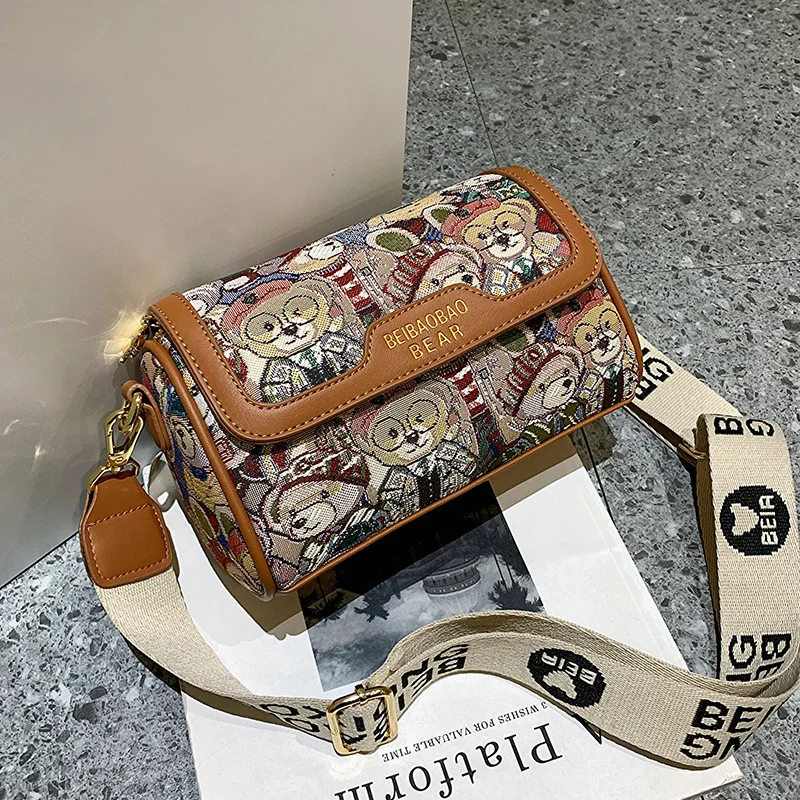 2024 New Brown Casual Shoulder Bags Crossbody For Women Messenger Bag Handheld Ladies Handbags Bear Pattern Clutch Purse Girls