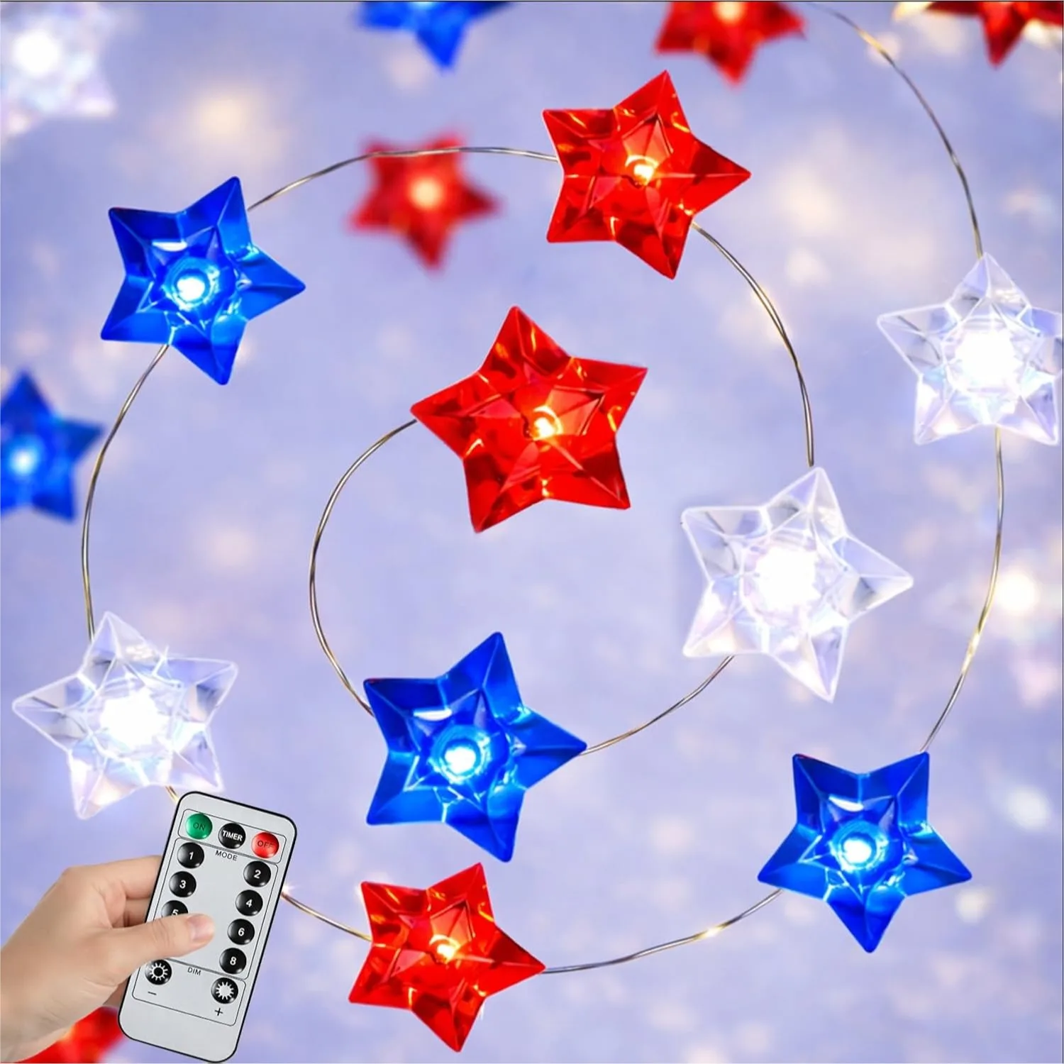 

Patriotic Red White Blue String Lights 13ft 40 LEDs Battery Operated With Remote Timer For Independence Day Memorial Day 4th Of July Decorations