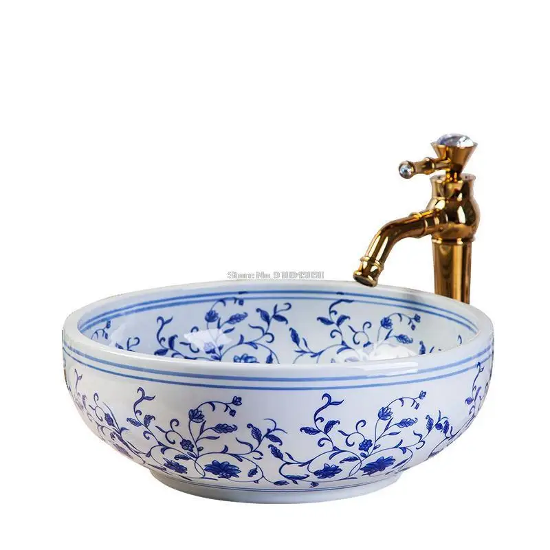 lavatorio ceramico azul e branco pintado a mao do banheiro classical round above counter basin 01