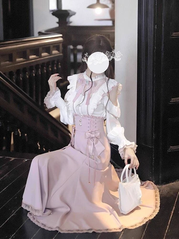 Lolita Style Japanese Sweet 2 Piece Set Woman Sweet Casual Bow Shirt High Waist Elegant Slim Midi Skirt Fashion Lace Skirt Set