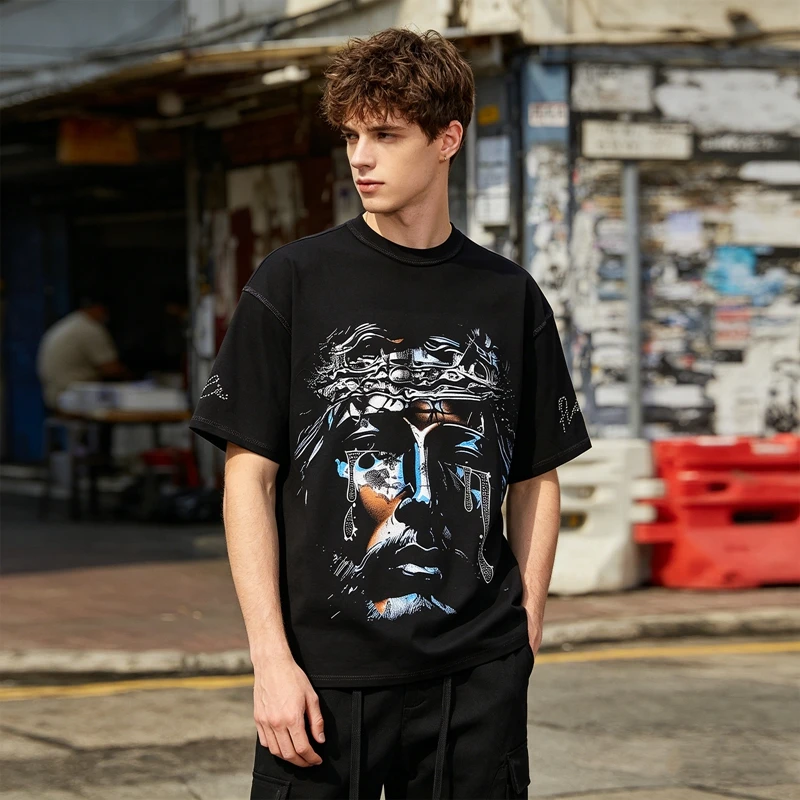 Herren Oversize T-Shirt Lustige Kleidung Strass Jesus-Weinen Grafik-Tee Streetwear Hip Hop Y2K Lässiges Kurzarm-Oberteil aus Baumwolle – Detail 4