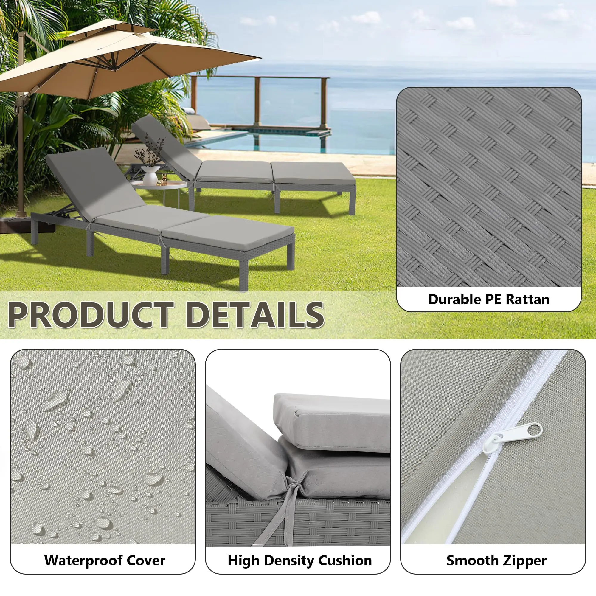 Outdoor-Chaiselounges aus Rattan mit verstellbarer Kissen-Rückenlehne, Pool-Terrasse-Deck