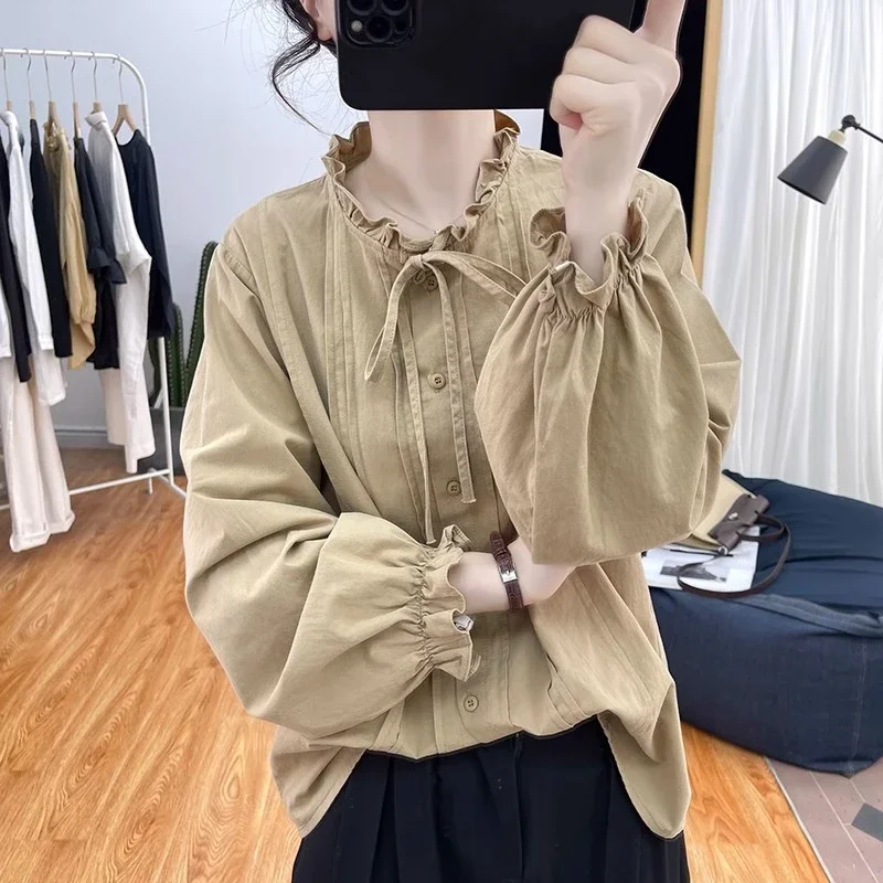 

Spring Dress Lotus Leaf Collar Tie Pure Cotton Loog Sleeve Women's Top 2025 New Versatile Shirt