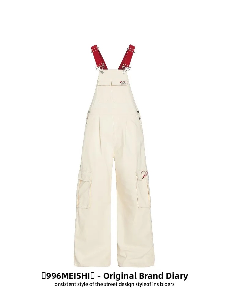 Retro American Waed Workwear Overalls Men Women Summer High Street Loose Wide Leg Strap Long Trousers Trendy Casual Pants