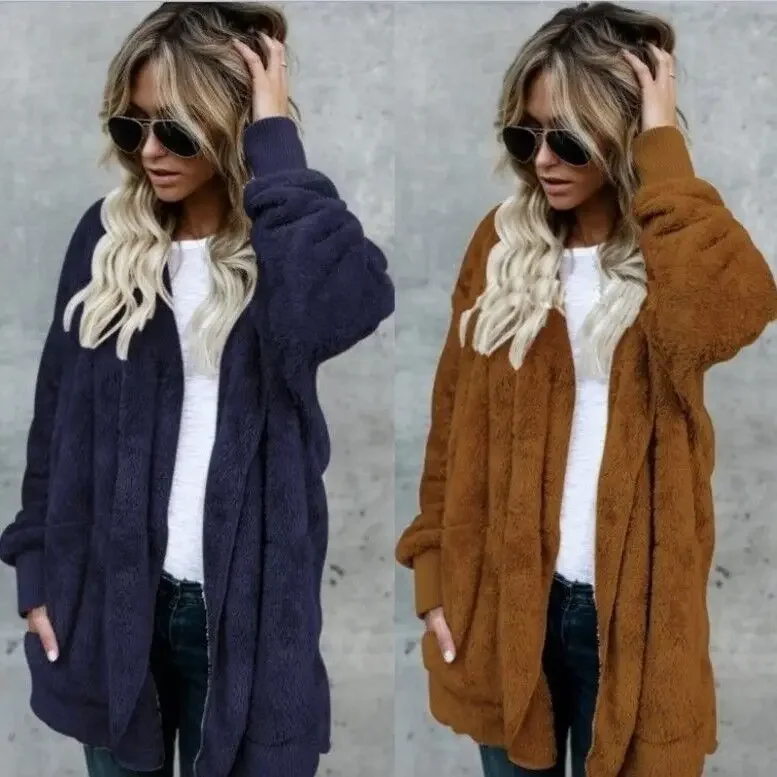 Autumn Winter New Fashion Women’s Solid Color Casual Loose Trendy Simple Basic Faux Fur Hooded Jackets Female Clothes Coats Tops