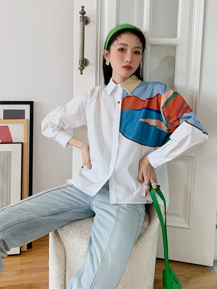 White Digital Printing Stitching Shirt Women's Irregular Color Block Lapel Single Breasted Loose Top 2022 Autumn M897