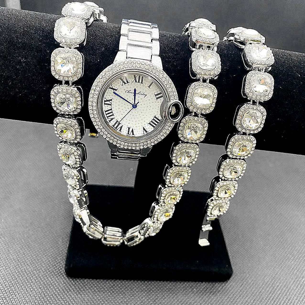 3pcs luxury Watch for Women Gold Watch Sliver Tennis Link Chain Bracelet Necklace Choker Bling fashion Jewelry for Women Watches