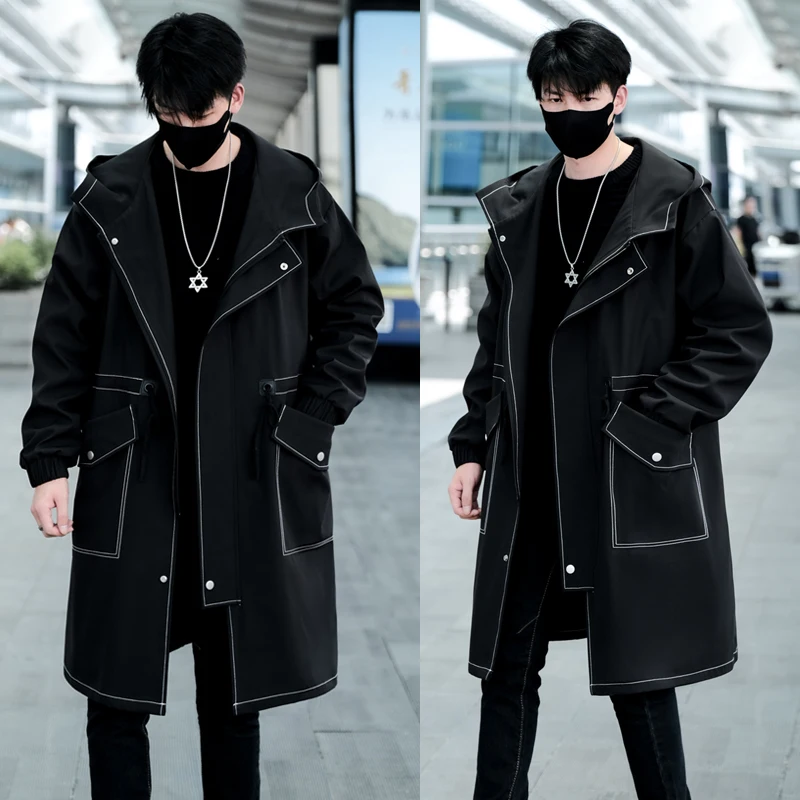 

Hooded Men's Long Coat Spring Autumn Korean Sle Casual Haome Jaet Button Decoration Iron-Free Treaent Cool Windbreaker