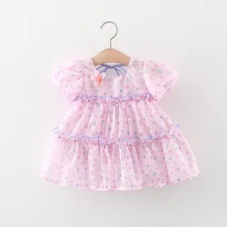 Summer New Girl's Back Ribbon with a Small Flower Colorful Dotted Yarn Dress Korean Edition Bubble Sleeves Princess Dress