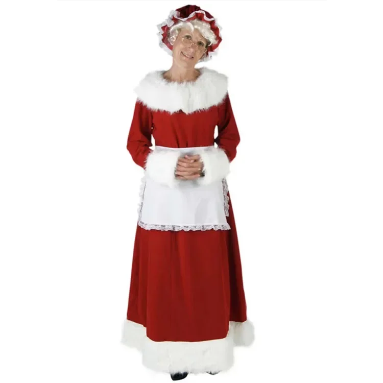 Red Adult Christmas Santa Cosplay Cotumes Set for Women Girl Xams Party Fancy Clothing Santa Maid Dress with Apron Cos