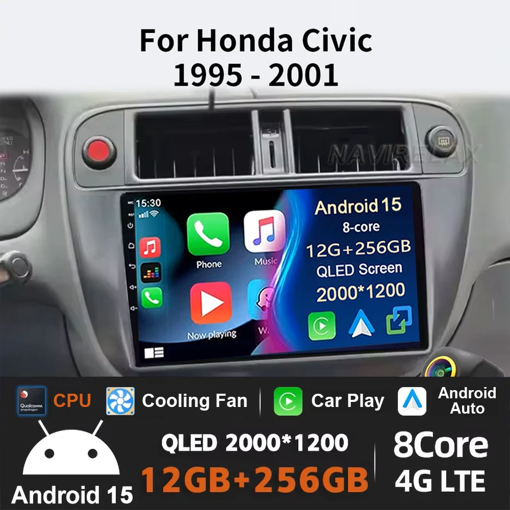

Android 15 Carplay Auto For Honda Civic 1996 1997 1998 1999 2000 2001 Multimedia Car Radio Player 4G Stereo 2 Din Tape Recorder