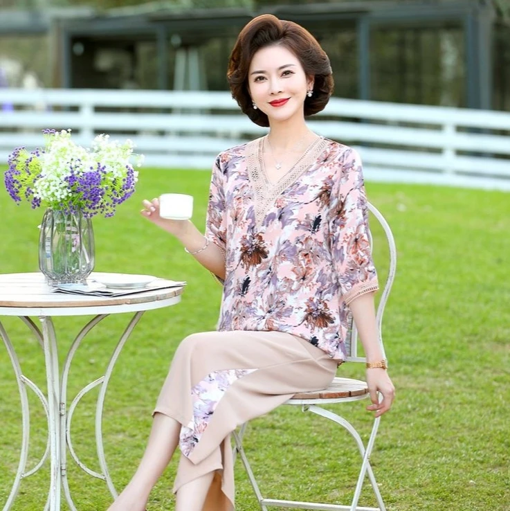 

Women Summer 2 Piece Sets Casual Outfit Elegant Loose Wide Leg Pants and V-Neck Half Sleeve Short Sleeve Blouse Women Pant Sets