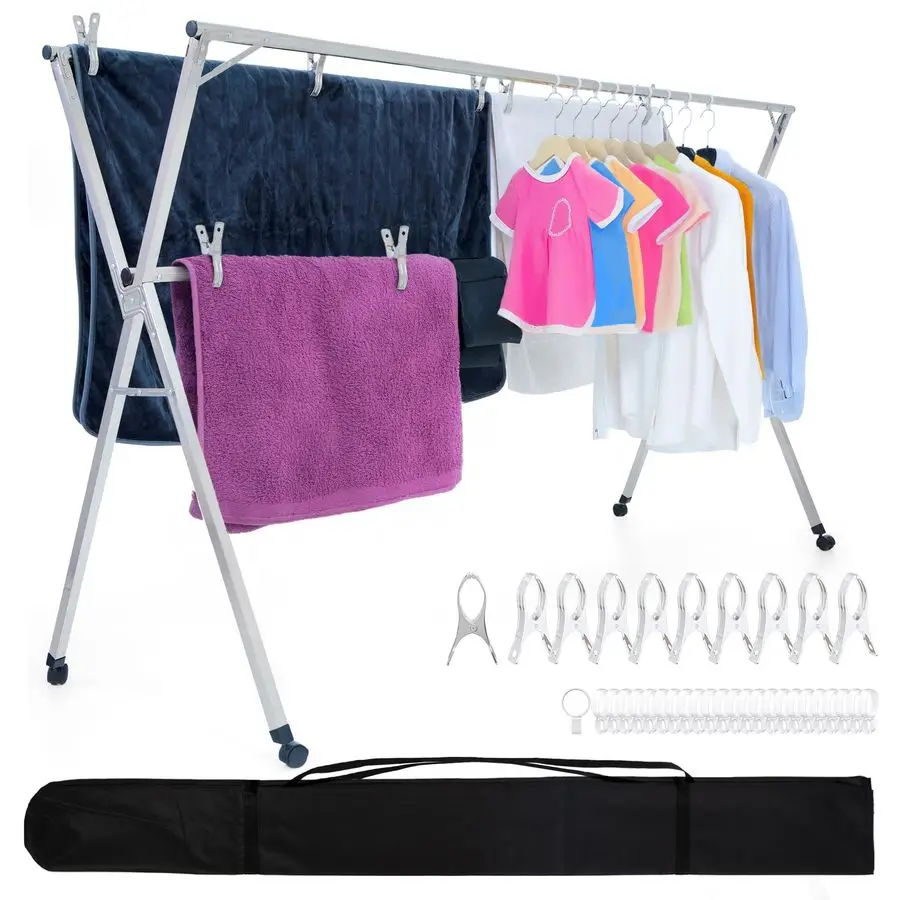 

Сушилка для одежды на колесах, вместительная вешалка 95 дюймов для вешалки на колесиках для одежды, 20 ветрозащитных зажимов, 10 больших прищепок, более усилитель, пральный