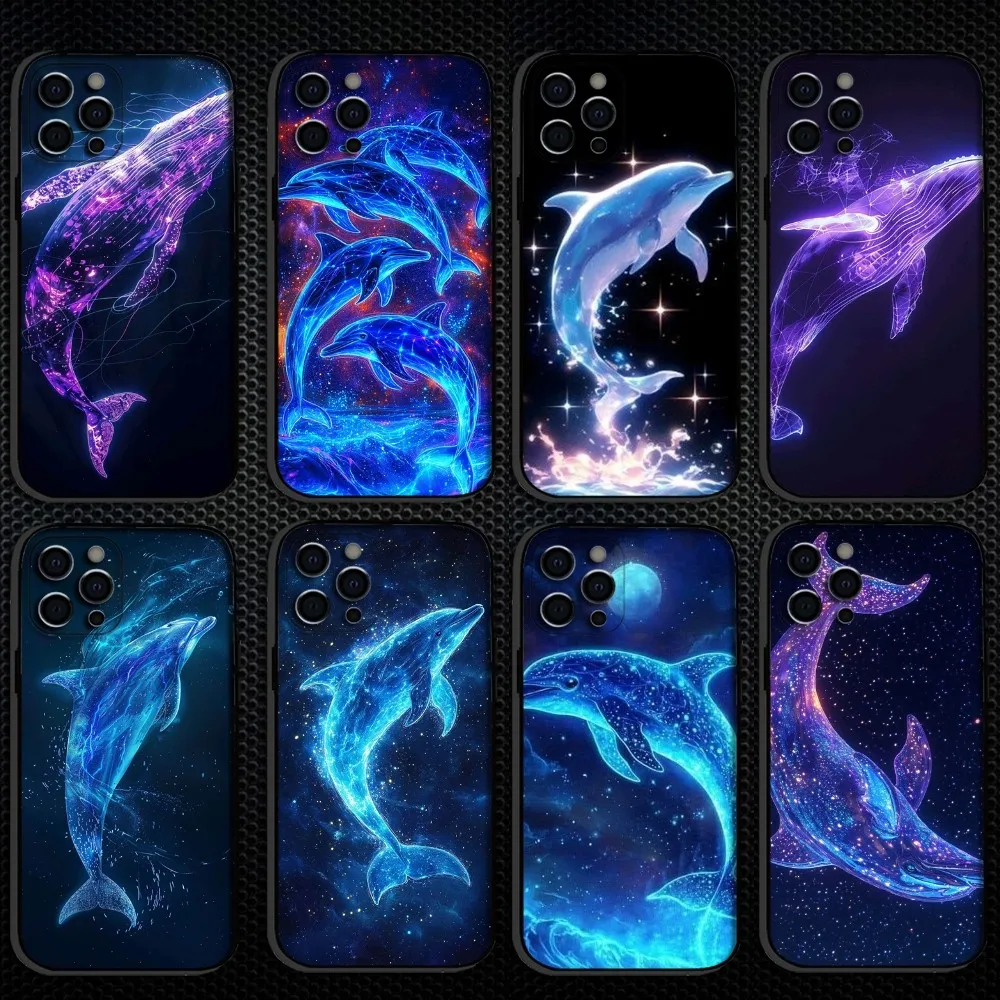 

Creative fluorescent dolphins Phone Case For iPhone 16,15,14,13,12,11 Plus,Pro Max, Soft Silicone Black Cover