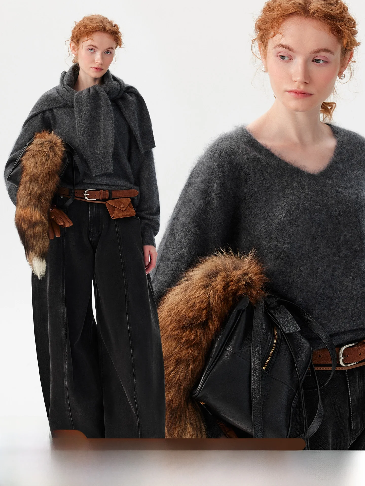 

Thiened Woolen Knitted Base irt Women's Double Collar Warm Fce Layering Top Soft V-Ne Long Sve Casual Wear