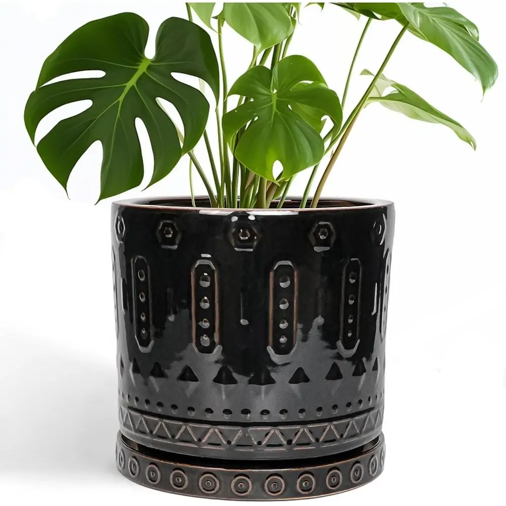 

10 Inch Decorative Indoor-Outdoor Plant Pots with Drainage and Saucer, Boho Style, Black