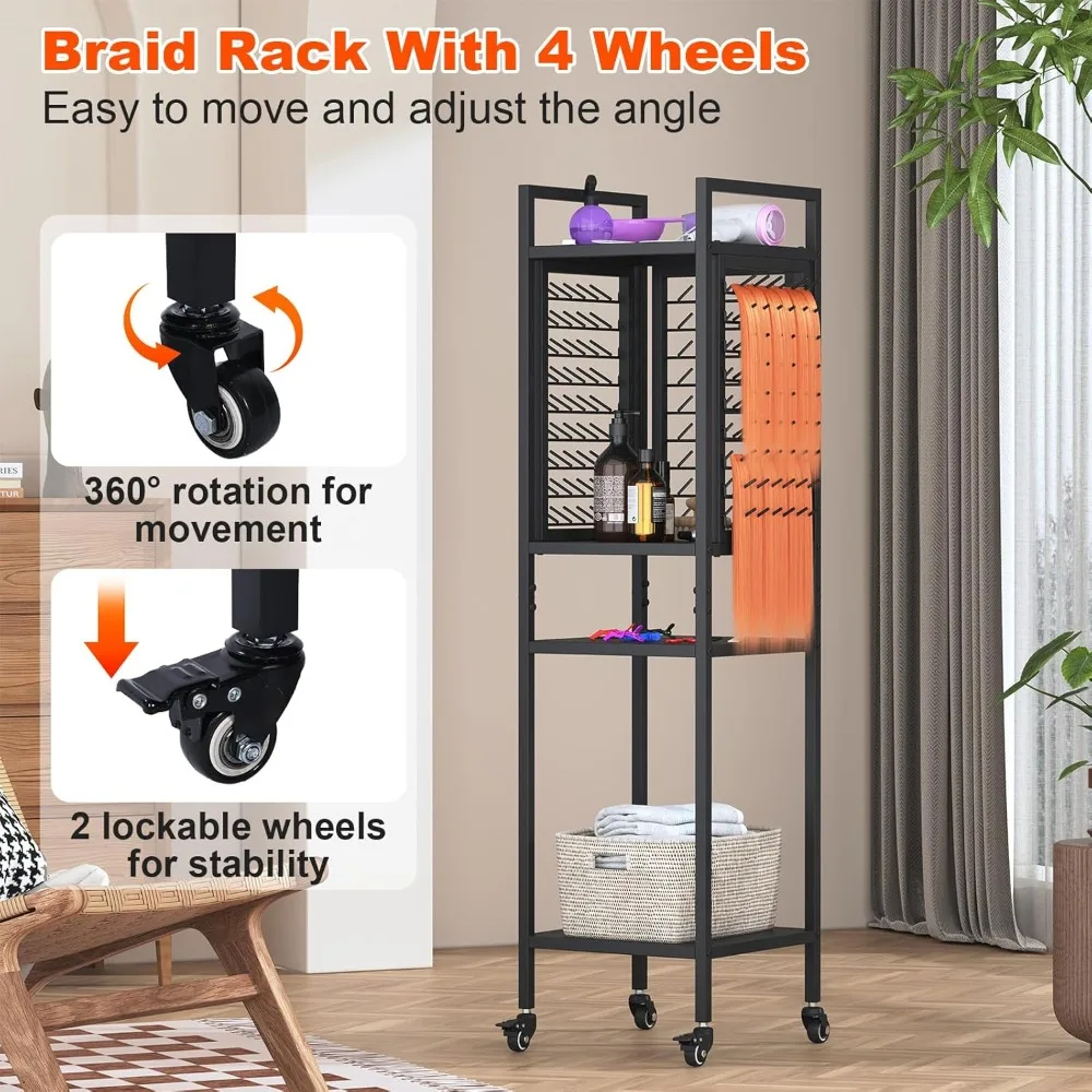 

Braiding Hair Rack Height Adjustable 162 Pegs Tri-Sided Braiding Rack Stand with 4 Tier Storage Shelves Standing