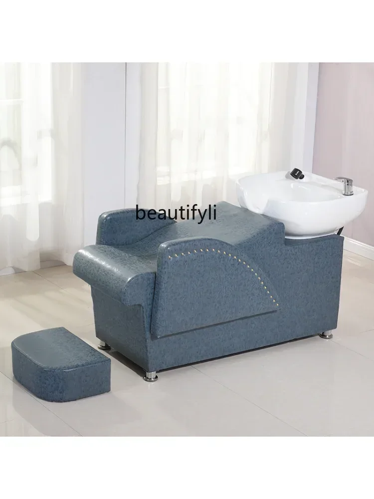 

S7486 ss Shampoo Chair Barber Shop Salon Bed Hair-Washing Chair Flushing Bed Ceramic Basin Hair Salon for Hair Salon