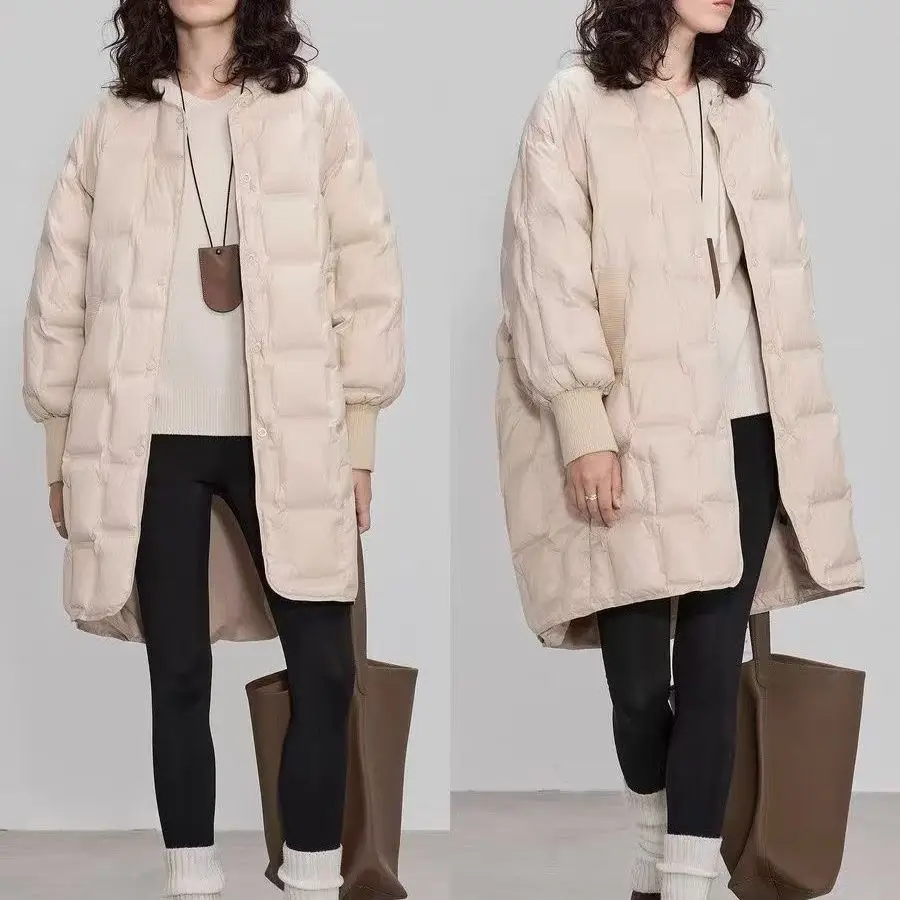 Herfst Winter Halflange Donsjack voor Vrouwen Nieuwe Warme Gewatteerde Witte Eend Donsjack O-hals Puffer Jas Mujer Trendy Zwart