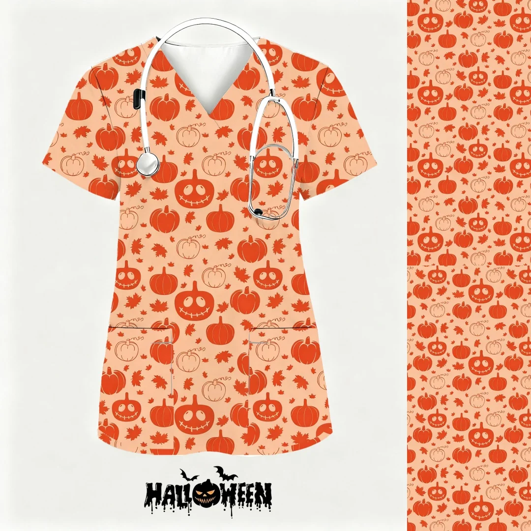 ハロウィン手術用ユニフォーム女性かわいいプリントカボチャ付きナース制服女性看護制服作業服制服メディコス