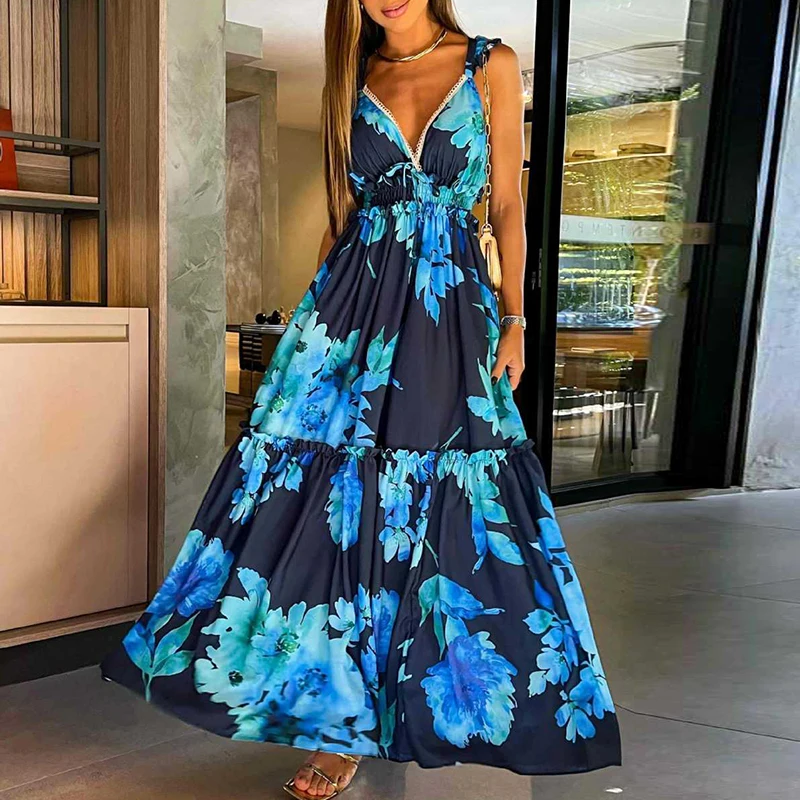 

Sexy Deep V-neck Sleeveless Suspender Dress Elegant Patterns Printed Pleated Party Dress 2025 Women Fashion Hollow Long Dresses