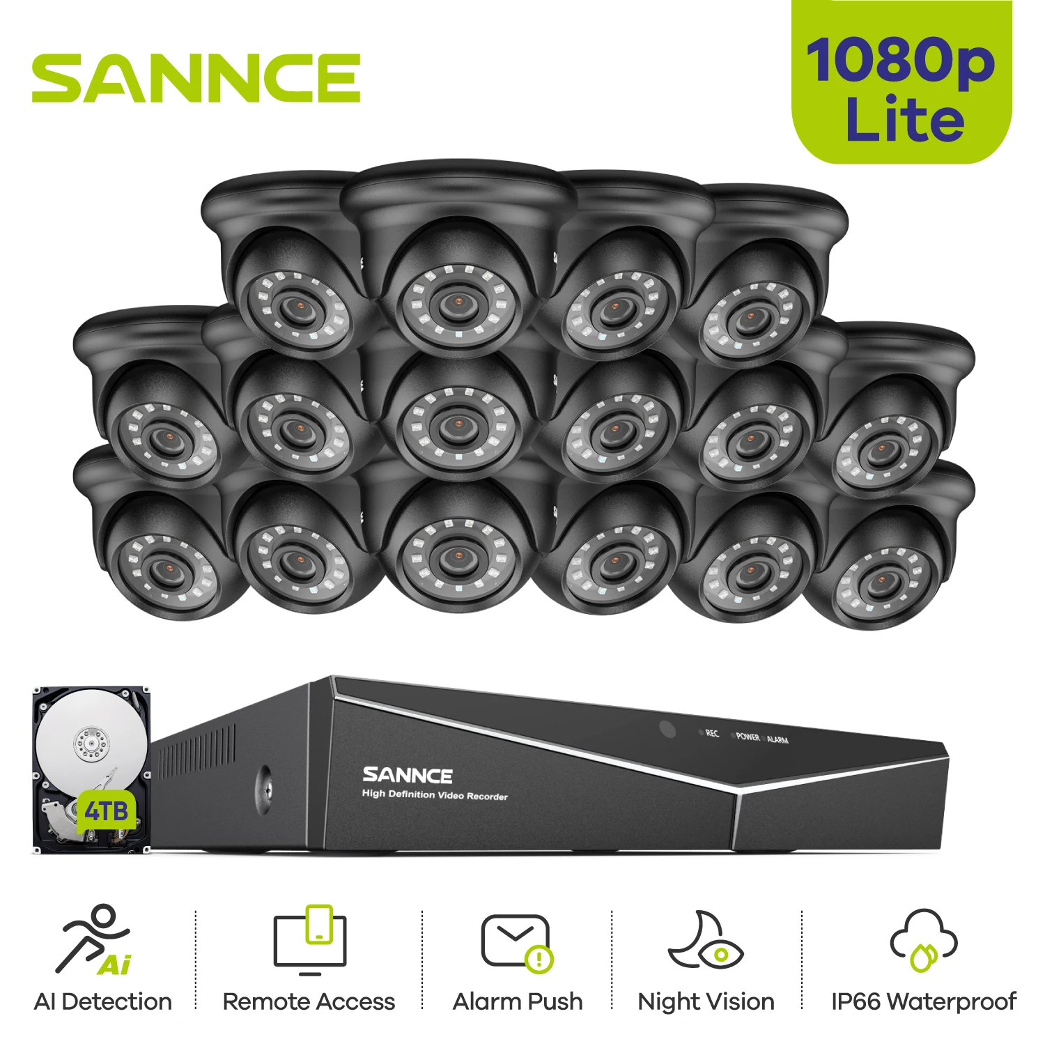 SANNCE 1080P 16CH DVR Security Camera System Outdoor IR Night Vision Waterproof CCTV Video Surveillance Camera Remote Monitor