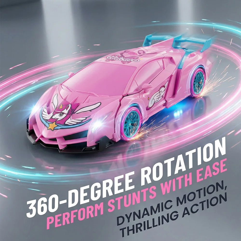 

Unicorn Barbie Pink 2-in-1 RC Car Robot Toy with One Click Transformation And 360° Rotating LED Light for Kids Girl Gift
