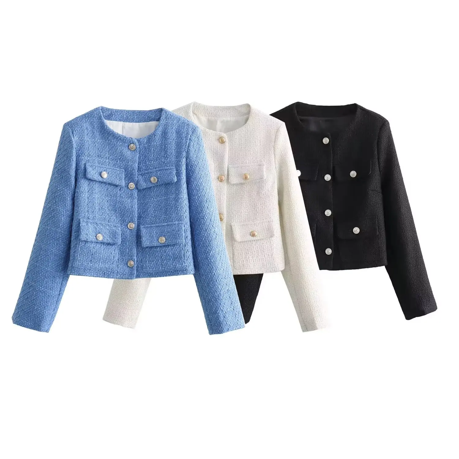 سترة نسائية جديدة من JNLEAOG بتصميم عصري وأنيق مع حشوة على الكتف، نمط عطري قصير، أكمام طويلة، ياقة مستديرة وأزرار #3