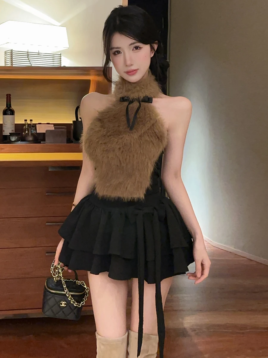 Sexy Sweet Spaghetti Strap Furry Vest High Waist Tulle Skirt Two-Piece Set Shoulder Bared Sleeveless  Knot Design
