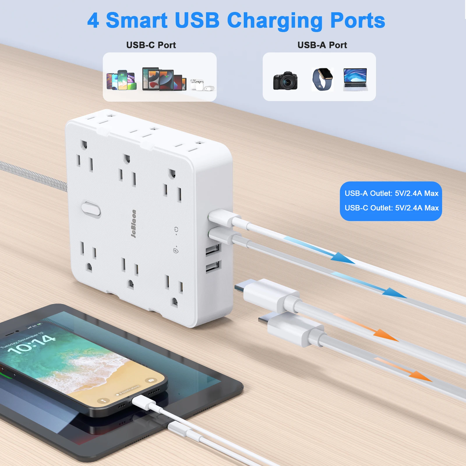 Multi Tap Power Strip US Plug - 12 AC Outlets 4 USB Ports 5ft Extension Cord Electrical Socket Network Filter for Home Office