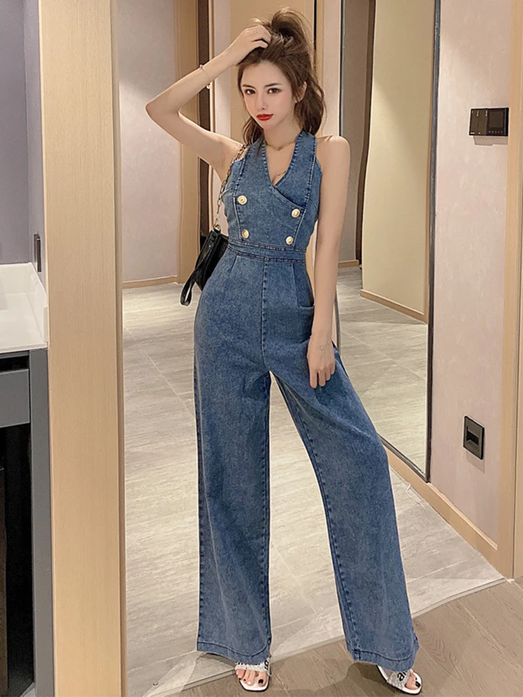 Fashion Summer One Piece Jumpsuit For Women Denim Retro Sexy Halter Sleeveless Femme Mujer Wide Leg Loose Rompers Street Clothes