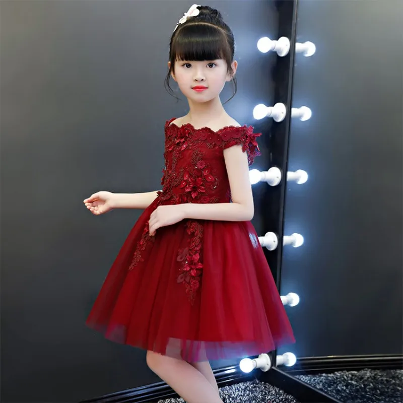 New Girl Wedding Dress Elegant Red Lace Shoulderless First communion Dresses Girl Party Princess Flower Girl Vestidos