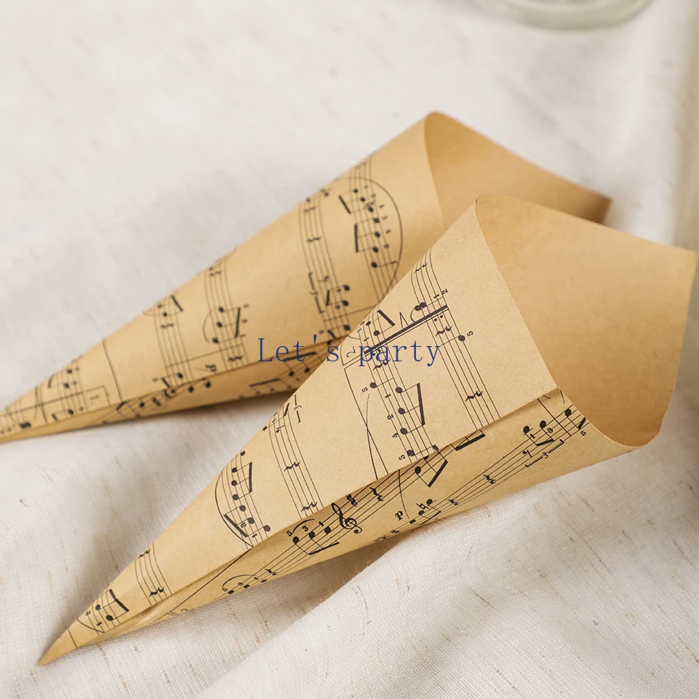 50Pcs Kraft Paper Musical Notes Confetti Cones Holder Laying Box Flower Tray Paper Cone Birthday Wedding Party Favors Decoration