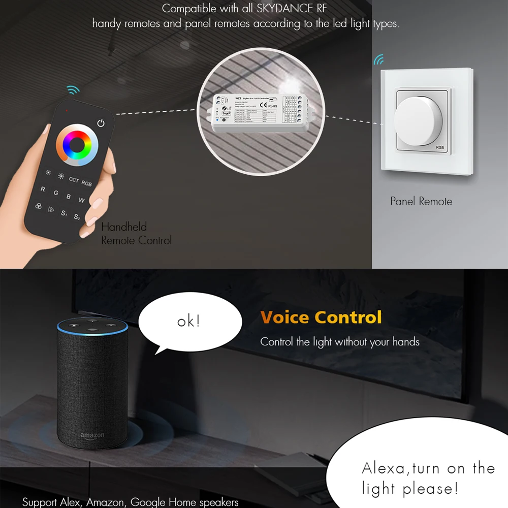 Imagem -04 - Tuya Zigbee Inteligente Controlador Led 5in dc 12v 24v Cor Rgbcct Faixa de Luz Rgbw Escurecimento Controlador Alexa Google Home 2in 1