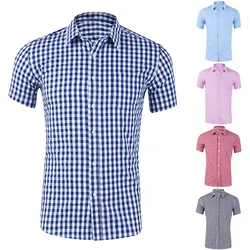 Mens Small Plaid Cotton Shirt Brand Classic Solid Short Sleeve Button Down Shirt Casual Regular Fit Gingham Dress Shirt